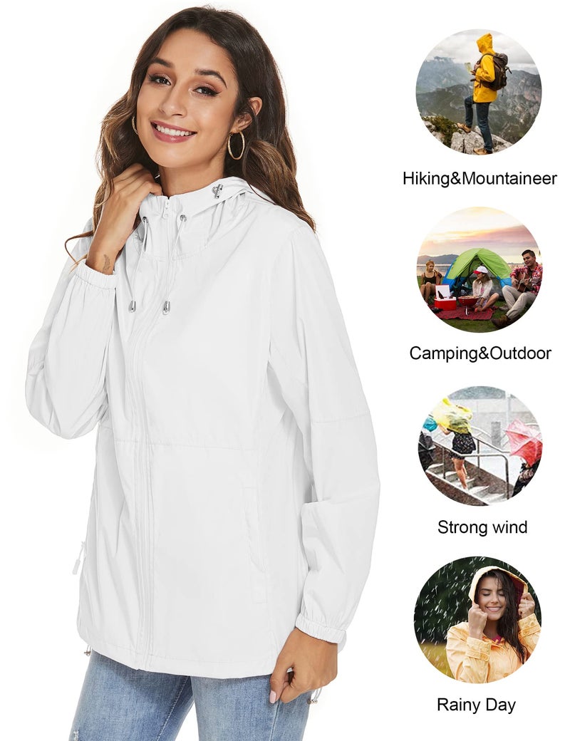 TCOT Women's Waterproof Rain Jacket with Pockets Lightweight Outdoor Packable Windbreaker Hooded Zipper Raincoat White M - Image 4