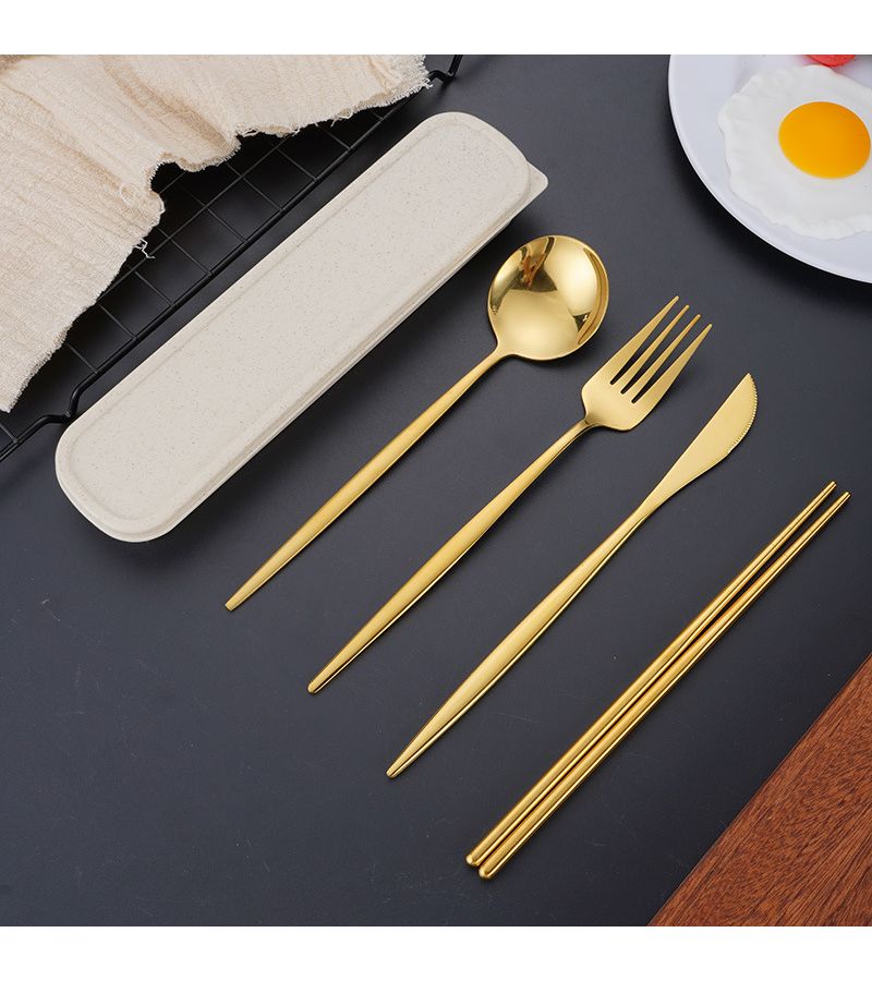 Golden 4 Pcs Portuguese Cutlery Set With Portable Box Stainless Steel Knife Fork Spoon And Chopsticks Suitable For Travel Lunch Picnic Camping Dishwasher Safe Utensils - Image 5