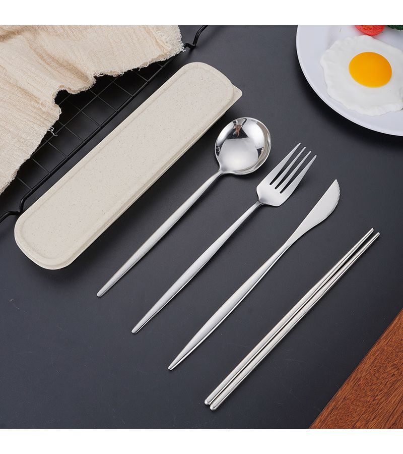 Golden 4 Pcs Portuguese Cutlery Set With Portable Box Stainless Steel Knife Fork Spoon And Chopsticks Suitable For Travel Lunch Picnic Camping Dishwasher Safe Utensils - Image 1