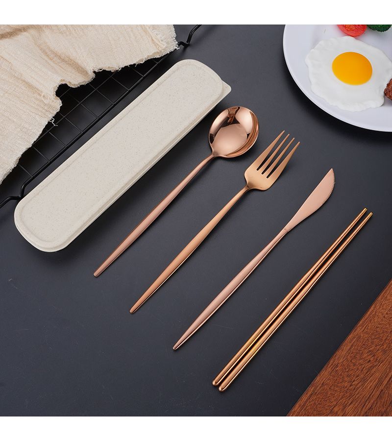 Golden 4 Pcs Portuguese Cutlery Set With Portable Box Stainless Steel Knife Fork Spoon And Chopsticks Suitable For Travel Lunch Picnic Camping Dishwasher Safe Utensils - Image 4