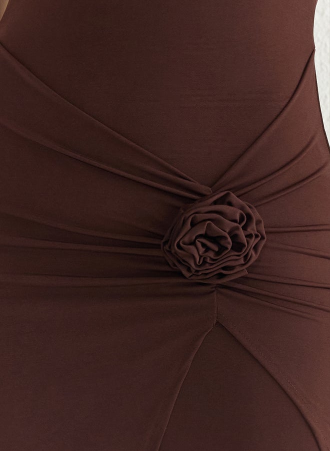 trendyol Brown Bodycon Knitted Rose Detailed Midi Dress  - Image 4