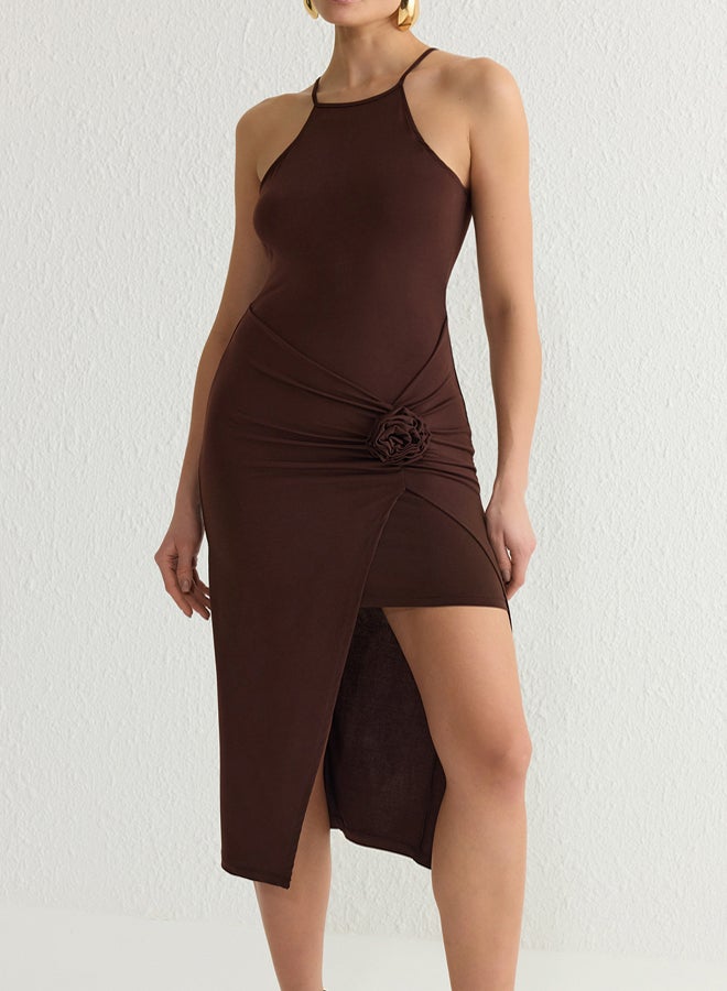 trendyol Brown Bodycon Knitted Rose Detailed Midi Dress  - Image 3