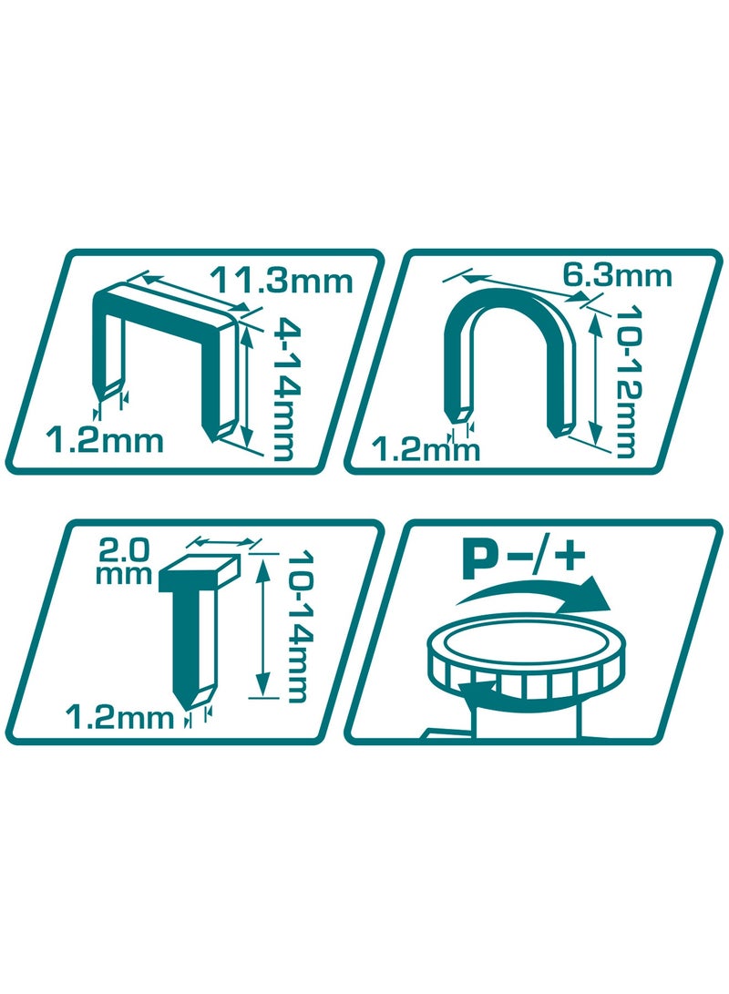 TOTAL 3-in-1 Staple Gun with 600 Fasteners, Adjustable Force, 11.3mm Crown Staples, U-Shape Staples, Brad Nails - Image 2