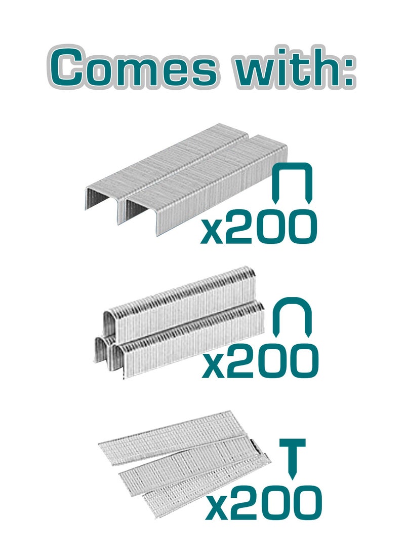 TOTAL 3-in-1 Staple Gun with 600 Fasteners, Adjustable Force, 11.3mm Crown Staples, U-Shape Staples, Brad Nails - Image 3