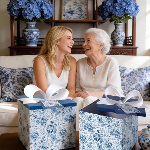 BIOBROWN Medium Gift Boxes with Lids for Presents, 9x9x9 Inches Chinoiserie Blue White Peony Floral Design Collapsible Gift Box for Mother's Day, Bridal Shower, Wedding, Birthday, Valentine's Day - Image 4