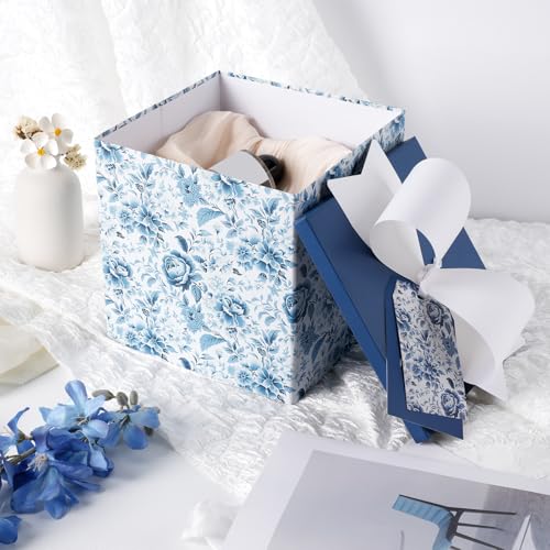 BIOBROWN Medium Gift Boxes with Lids for Presents, 9x9x9 Inches Chinoiserie Blue White Peony Floral Design Collapsible Gift Box for Mother's Day, Bridal Shower, Wedding, Birthday, Valentine's Day - Image 3