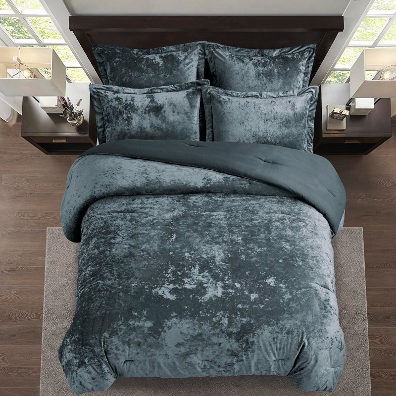 Fredsure Distressed Velvet Comforter Set, 5 Pieces Smoke Blue King, Distressed Velvet Face and Brushed Microfiber Reverse - Image 3