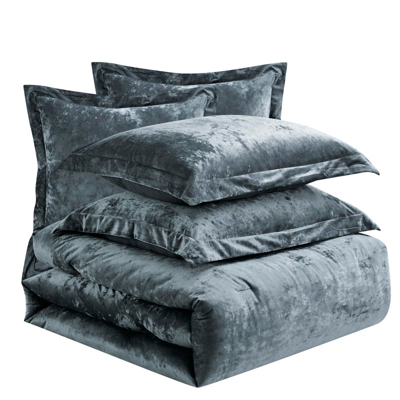Fredsure Distressed Velvet Comforter Set, 5 Pieces Smoke Blue King, Distressed Velvet Face and Brushed Microfiber Reverse - Image 5