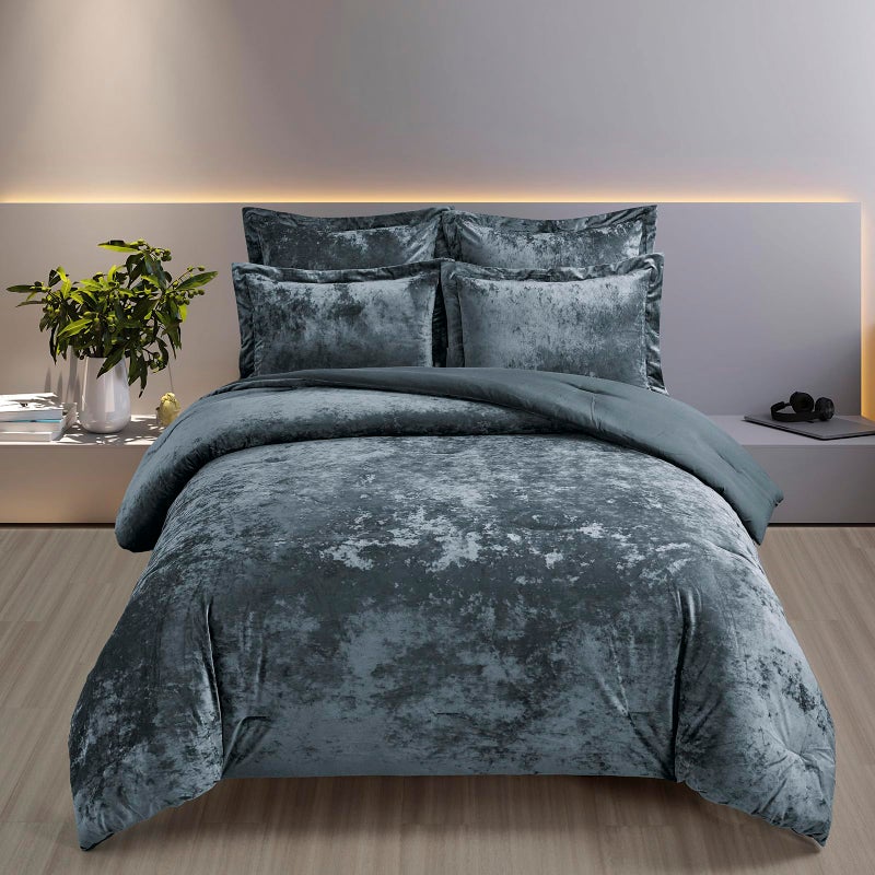 Fredsure Distressed Velvet Comforter Set, 5 Pieces Smoke Blue King, Distressed Velvet Face and Brushed Microfiber Reverse - Image 2
