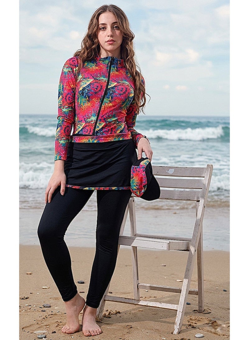 swimsuit with a confusing design, long sleeves and vibrant prints, quick-drying jumpsuit - turban - and black skirt - Image 1
