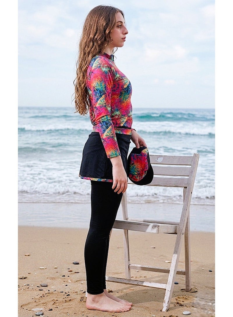 swimsuit with a confusing design, long sleeves and vibrant prints, quick-drying jumpsuit - turban - and black skirt - Image 3