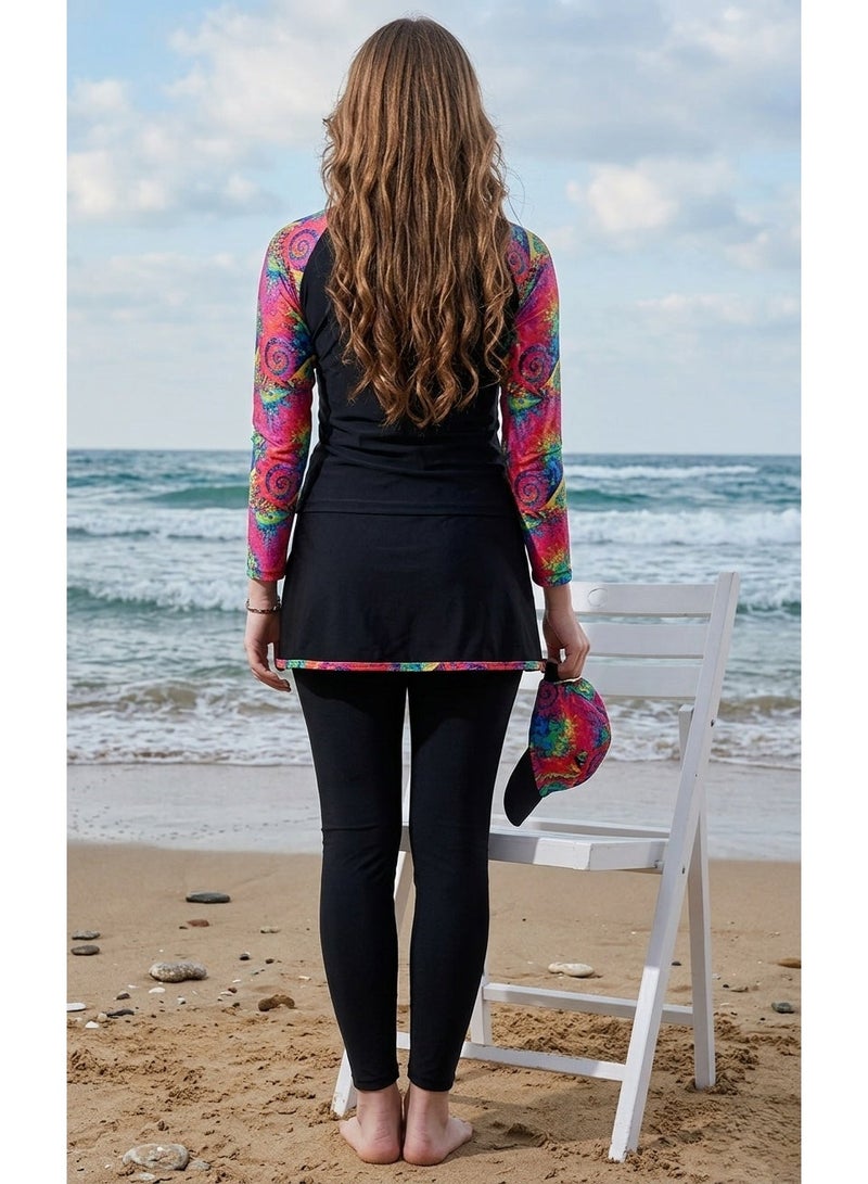 swimsuit with a confusing design, long sleeves and vibrant prints, quick-drying jumpsuit - turban - and black skirt - Image 4