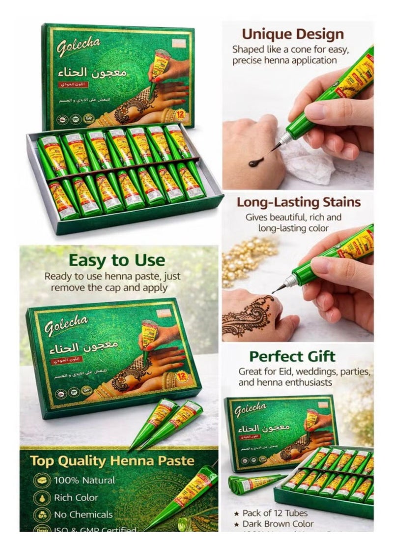Golecha Henna Paste Cones – 12 PCS Set, Natural Mehndi Cone Kit for Hand & Body Art, Long-Lasting Dark Maroon Color - Image 2