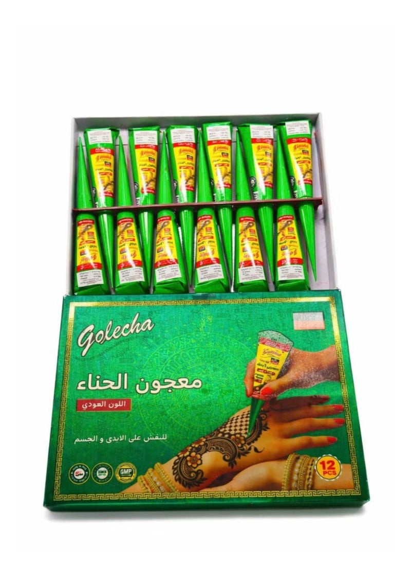 Golecha Henna Paste Cones – 12 PCS Set, Natural Mehndi Cone Kit for Hand & Body Art, Long-Lasting Dark Maroon Color - Image 1