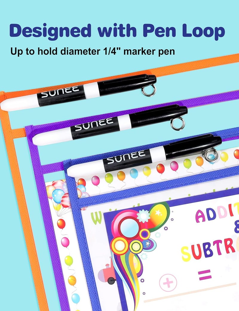 SUNEE 30 Packs Oversized Reusable Dry Erase Pocket Sleeves with 2 Rings, 10 Assorted Colors 10x14 Ticket Holders, Clear Plastic Sheet Protectors, Teacher School Classroom Supplies - Image 4