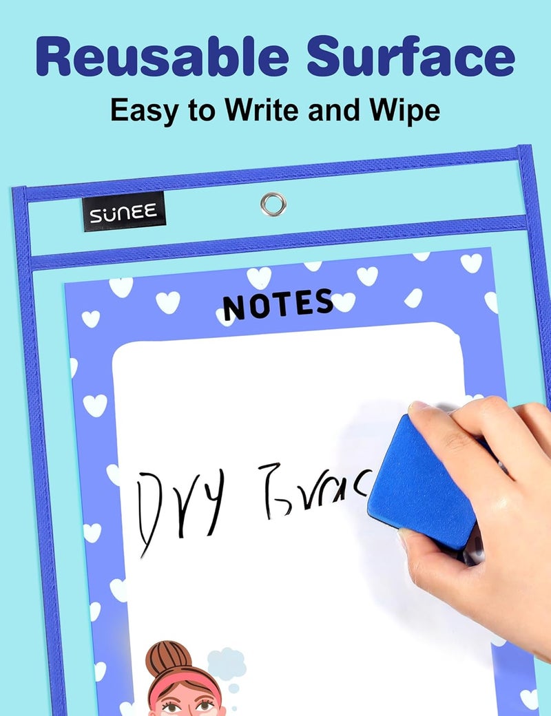 SUNEE 30 Packs Oversized Reusable Dry Erase Pocket Sleeves with 2 Rings, 10 Assorted Colors 10x14 Ticket Holders, Clear Plastic Sheet Protectors, Teacher School Classroom Supplies - Image 3