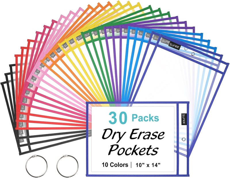 SUNEE 30 Packs Oversized Reusable Dry Erase Pocket Sleeves with 2 Rings, 10 Assorted Colors 10x14 Ticket Holders, Clear Plastic Sheet Protectors, Teacher School Classroom Supplies - Image 1