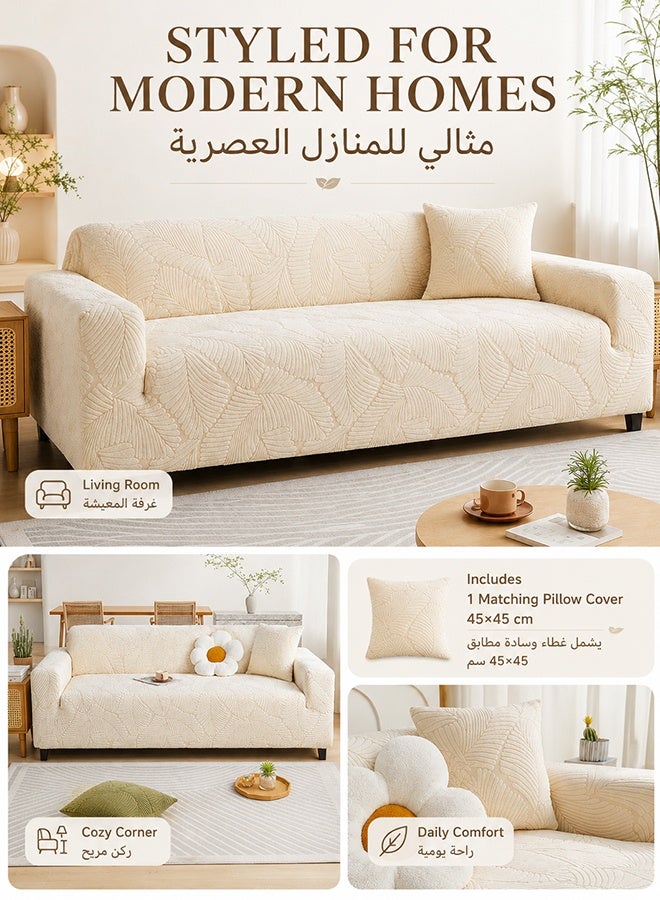 JieSuDa Jacquard Fleece 3 Seater Sofa Slipcover Full Coverage Stretch Couch Cover For 190-230 cm Sofa With 45x45 cm Matching Cushion Cover Beige - Image 2