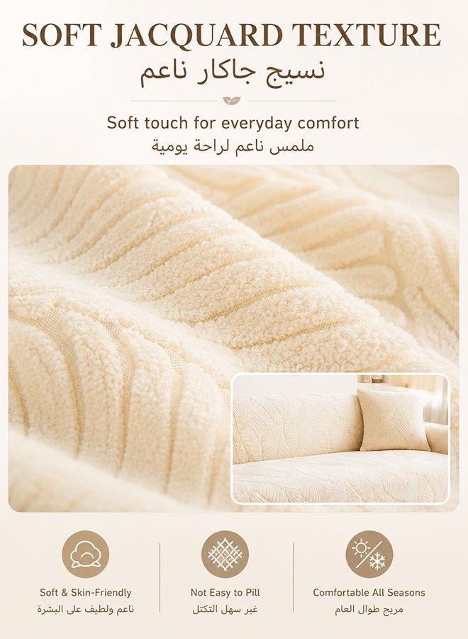 JieSuDa Jacquard Fleece 3 Seater Sofa Slipcover Full Coverage Stretch Couch Cover For 190-230 cm Sofa With 45x45 cm Matching Cushion Cover Beige - Image 4