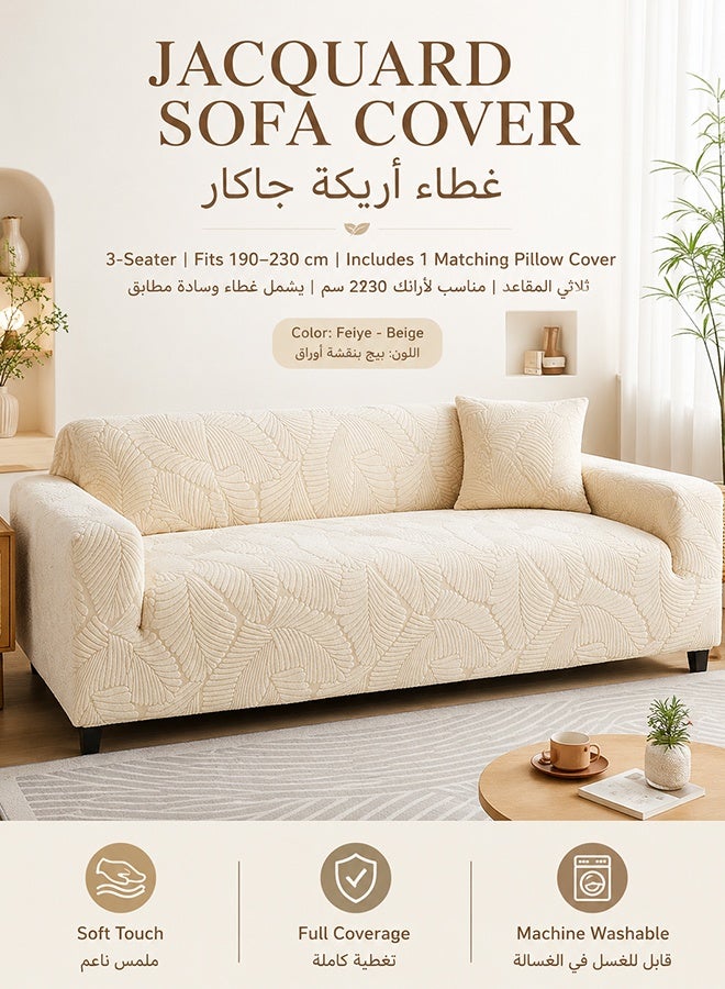 JieSuDa Jacquard Fleece 3 Seater Sofa Slipcover Full Coverage Stretch Couch Cover For 190-230 cm Sofa With 45x45 cm Matching Cushion Cover Beige - Image 3