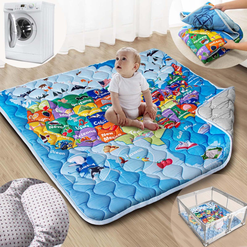 Beavtaens Baby Play Mat, 50x50 Playpen Mat with Super Soft Touch, Thick Activity Mat with Upgraded Anti-Slip Bottom, Machine Washable Crawling Mat for Floor & Picnic (Map) - Image 1