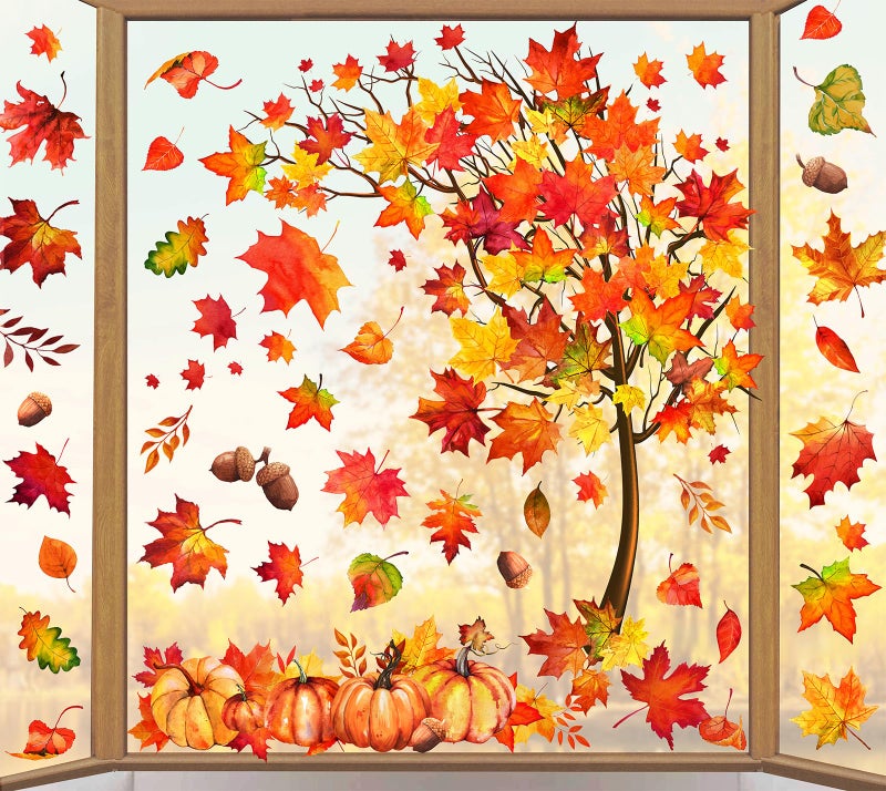 وولاين Whaline 6 Sheets Fall Leaves Mosting Window Clings عيد الشكر ألوان مائية Maple Tree نافذة شارات أوراق ملونة ملصقات نافذة القرع لخريف الحصاد الإكسسوارات المنزلية لوازم الحفلة - Image 1