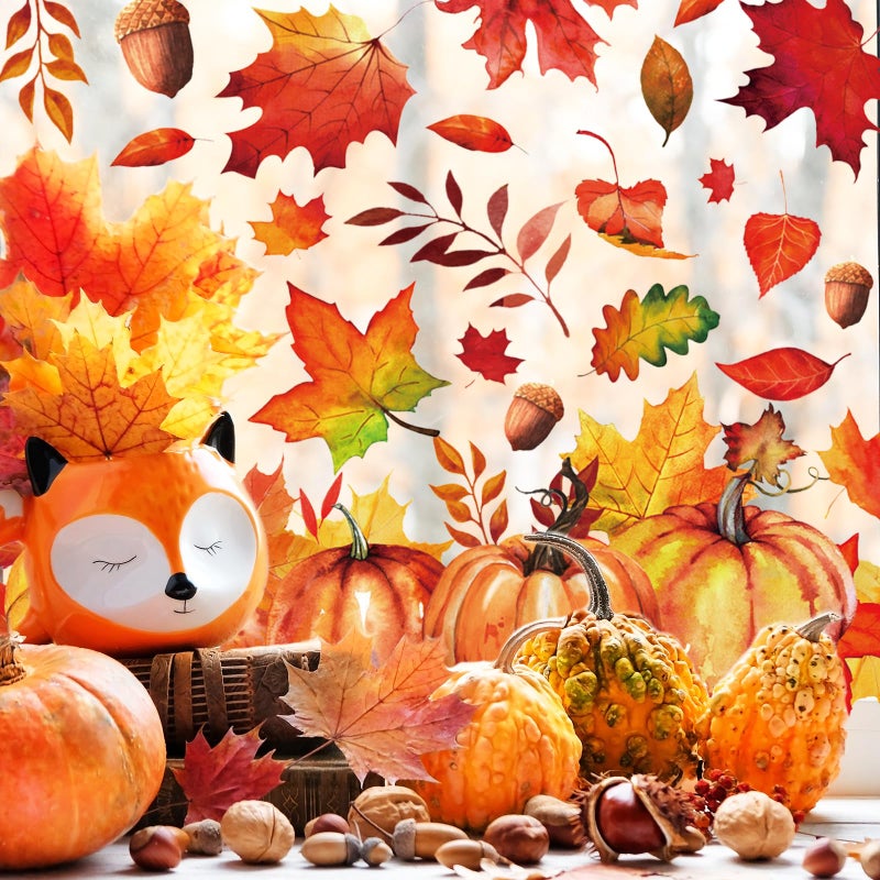 وولاين Whaline 6 Sheets Fall Leaves Mosting Window Clings عيد الشكر ألوان مائية Maple Tree نافذة شارات أوراق ملونة ملصقات نافذة القرع لخريف الحصاد الإكسسوارات المنزلية لوازم الحفلة - Image 3