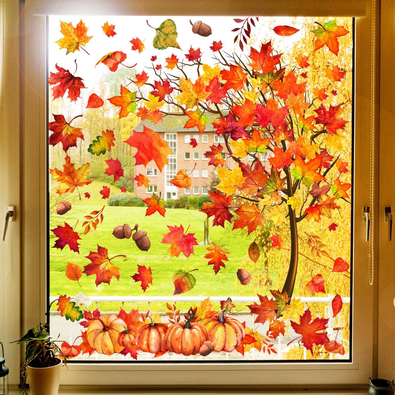 وولاين Whaline 6 Sheets Fall Leaves Mosting Window Clings عيد الشكر ألوان مائية Maple Tree نافذة شارات أوراق ملونة ملصقات نافذة القرع لخريف الحصاد الإكسسوارات المنزلية لوازم الحفلة - Image 2
