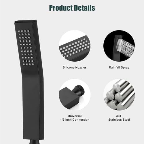 Heyalan SUS304 Stainless Steel Handheld Shower Wand High Pressure Luxury Shower Set High Flow Rectangle Hand Shower Spray with Wall Connector Holder and hose, Curved Style Matte Black - Image 2