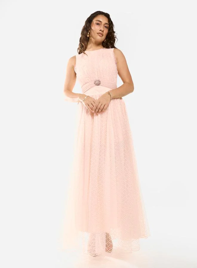 House of Moda Textured Mesh Overlay Gown Maxi Dress