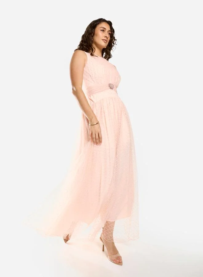 House of Moda Textured Mesh Overlay Gown Maxi Dress