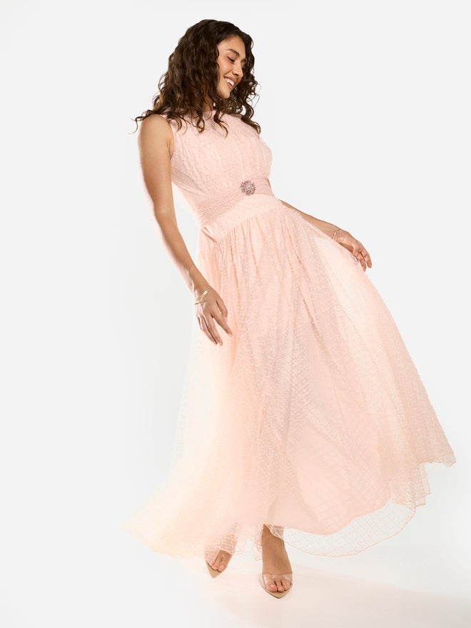 House of Moda Textured Mesh Overlay Gown Maxi Dress - Image 4