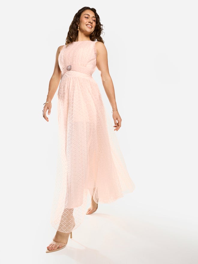 House of Moda Textured Mesh Overlay Gown Maxi Dress - Image 3