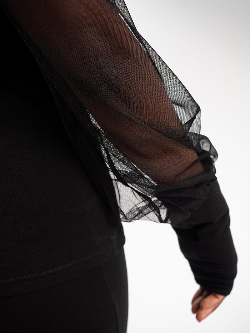 Metamorphoza V-Neck Top With Tulle Sleeves In Black - Image 4