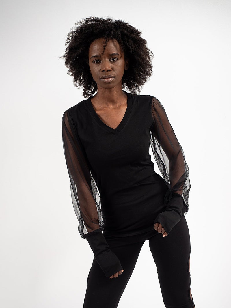 Metamorphoza V-Neck Top With Tulle Sleeves In Black - Image 3