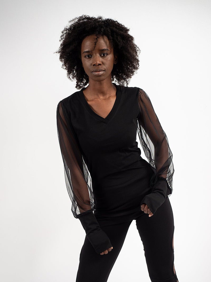 Metamorphoza V-Neck Top With Tulle Sleeves In Black - Image 2