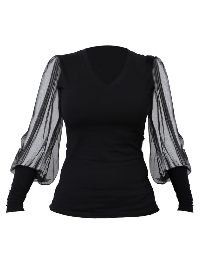 Metamorphoza V-Neck Top With Tulle Sleeves In Black - Image 1