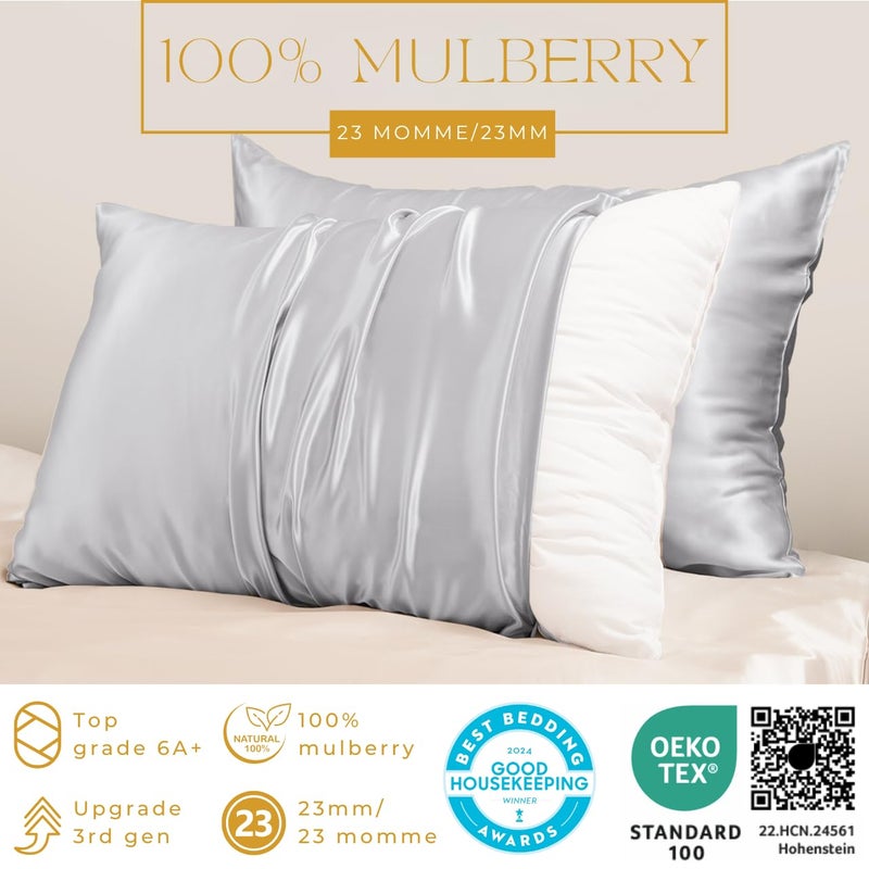 PROMEED Silk Pillowcase for Hair and Skin with Hidden Zipper, Both Sides 23 Momme Natural Real 100% Mulberry Silk Pillow Case, 1 Piece (Queen 20"x30", Light Grey) - Image 2