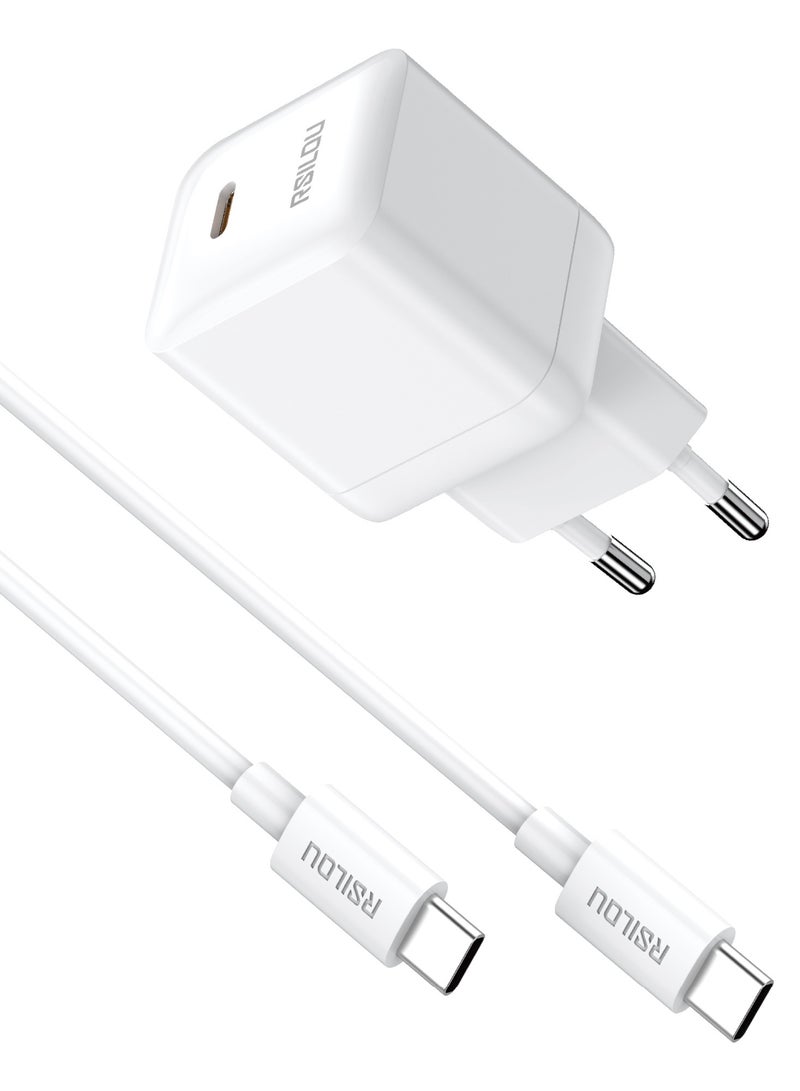 ارسيلو R4262-003 مجموعة شاحن 30 وات USB-C GaN شاحن فائق السرعة وكابل USB-C إلى USB-C 60 وات 100 سم، متين ومرن، شحن سريع وكابل بيانات، مضفر 1 متر، أسلاك نحاسية لنقل السرعة بمعدل 480 ميجابت في الثانية، خالٍ من التشابك ، أبيض - Image 1