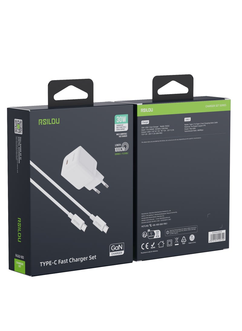 ارسيلو R4262-003 مجموعة شاحن 30 وات USB-C GaN شاحن فائق السرعة وكابل USB-C إلى USB-C 60 وات 100 سم، متين ومرن، شحن سريع وكابل بيانات، مضفر 1 متر، أسلاك نحاسية لنقل السرعة بمعدل 480 ميجابت في الثانية، خالٍ من التشابك ، أبيض - Image 2