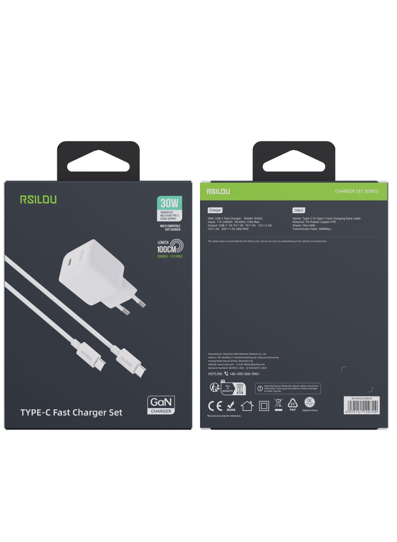 ارسيلو R4262-003 مجموعة شاحن 30 وات USB-C GaN شاحن فائق السرعة وكابل USB-C إلى USB-C 60 وات 100 سم، متين ومرن، شحن سريع وكابل بيانات، مضفر 1 متر، أسلاك نحاسية لنقل السرعة بمعدل 480 ميجابت في الثانية، خالٍ من التشابك ، أبيض - Image 3