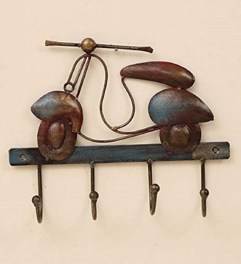World Decor Brown Iron Scooter with 4 HooksMetal AbstractWall SculptureWall HangingWall Art Multicolor for Home DecorationLiving RoomOfficeCafeBedroom 12x3x10 Inches - Image 1