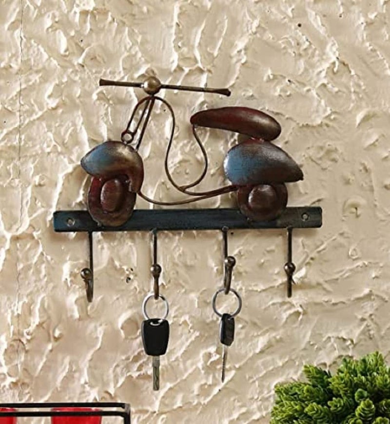 World Decor Brown Iron Scooter with 4 HooksMetal AbstractWall SculptureWall HangingWall Art Multicolor for Home DecorationLiving RoomOfficeCafeBedroom 12x3x10 Inches - Image 2