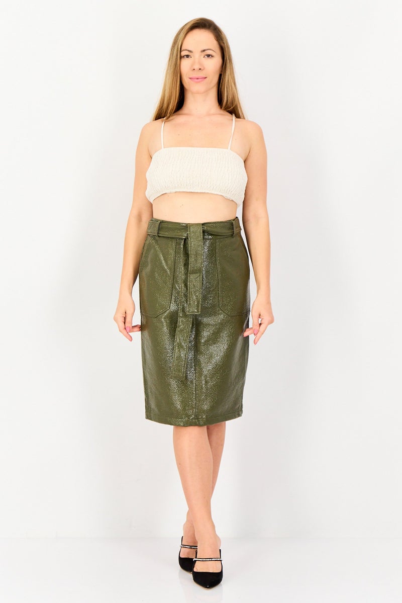 Selected Femme Women Textured Midi Skirts, Olive - Image 4