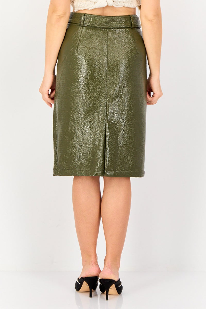 Selected Femme Women Textured Midi Skirts, Olive - Image 3