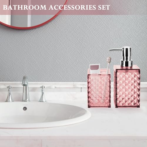 RRM Bathroom Accessories Set 2 PCS, Pink Bathroom Accessories Include Soap Dispenser and Toothbrush Holder, Diamond Pattern Bathroom Set for Boho Bathroom Decor - Image 5
