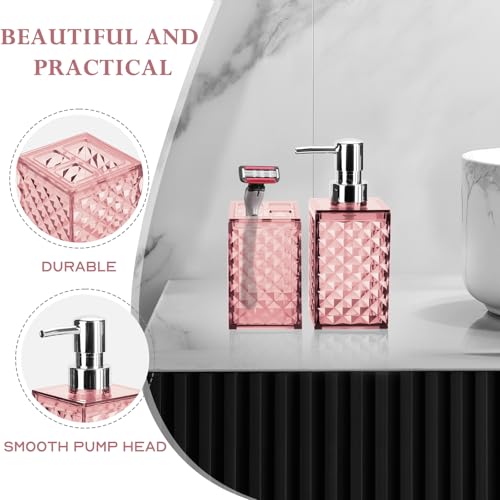 RRM Bathroom Accessories Set 2 PCS, Pink Bathroom Accessories Include Soap Dispenser and Toothbrush Holder, Diamond Pattern Bathroom Set for Boho Bathroom Decor - Image 4
