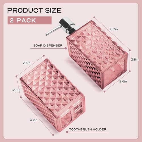 RRM Bathroom Accessories Set 2 PCS, Pink Bathroom Accessories Include Soap Dispenser and Toothbrush Holder, Diamond Pattern Bathroom Set for Boho Bathroom Decor - Image 2