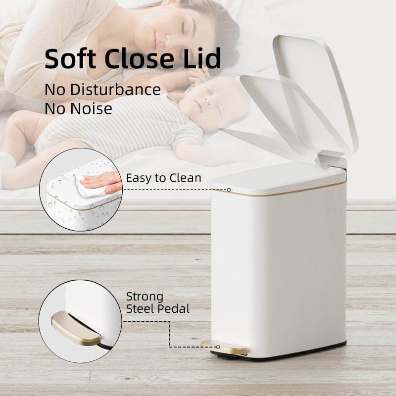 KUK Slim Bathroom Trash Can with Lid, 1.6 Gal / 6L Stainless Steel Small Garbage Bin with Detachable Inner Bucket, Step Pedal, Silent Close, Wastebasket for Toilet, Bedroom, Home, Office (White) - Image 4