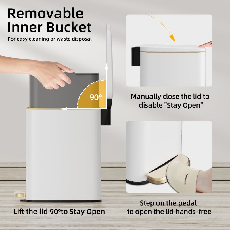 KUK Slim Bathroom Trash Can with Lid, 1.6 Gal / 6L Stainless Steel Small Garbage Bin with Detachable Inner Bucket, Step Pedal, Silent Close, Wastebasket for Toilet, Bedroom, Home, Office (White) - Image 5